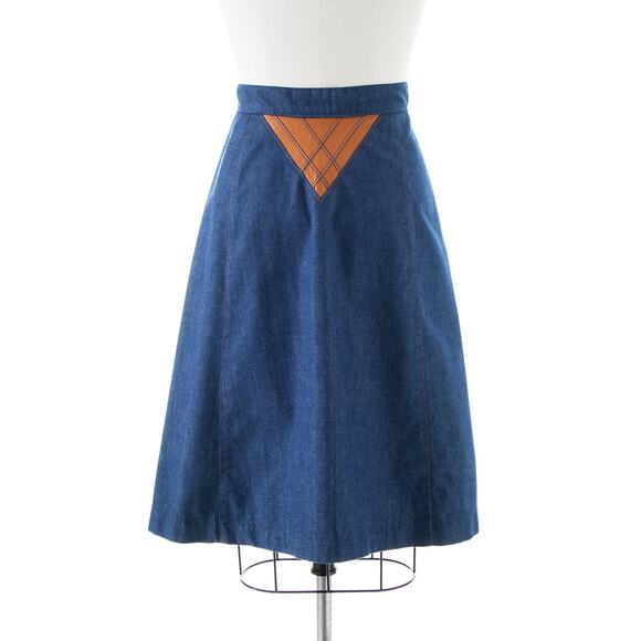Vintage 1970s Denim Skirt 70s MS. PIONEER Leather Blue Jean Western Boho A-Line - Picture 5 of 8
